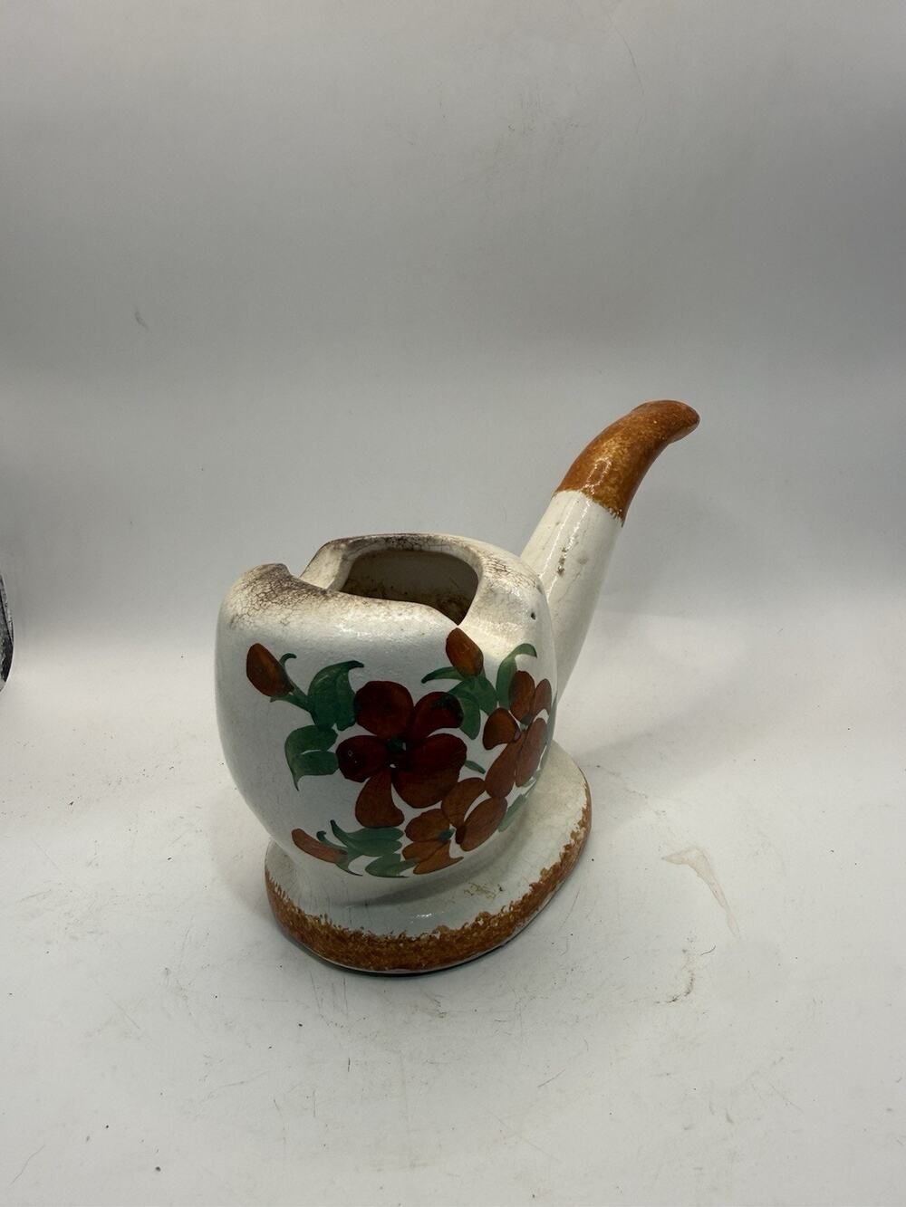 Vintage Cash Family Pottery Pipe Planter Ashtray Hand Painted Floral USA 7.5” *